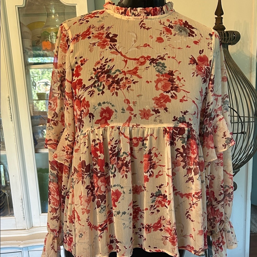 Sundance Floral Ruffle Babydoll Blouse - Cream and Red